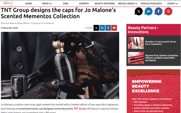 TNT Group designs the caps for Jo Malone’s Scented Mementos CollectionNews